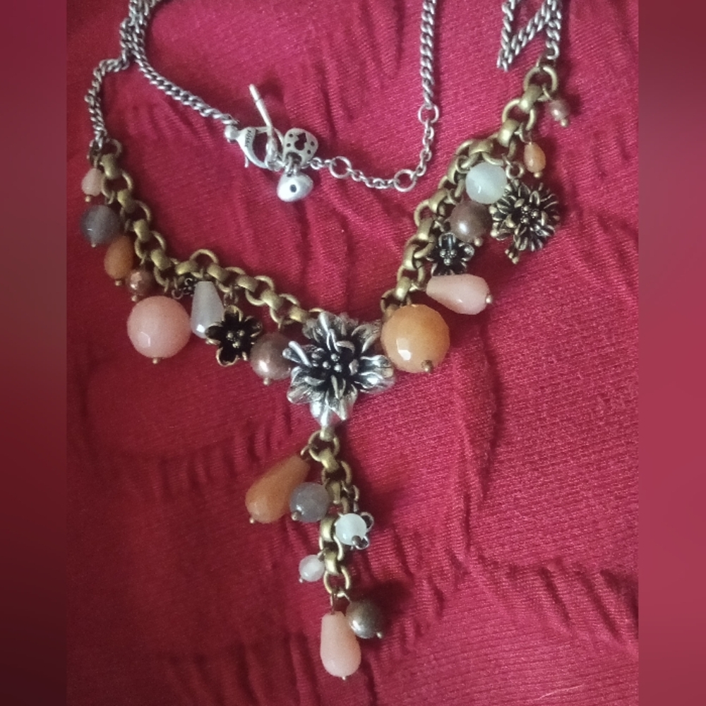 Fossil Necklace Gorgeous Drop With Mixed Metal Flowers And Neutral Beads